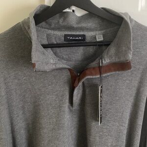 Tahari Gray Herringbone Pullover with Brown Trim